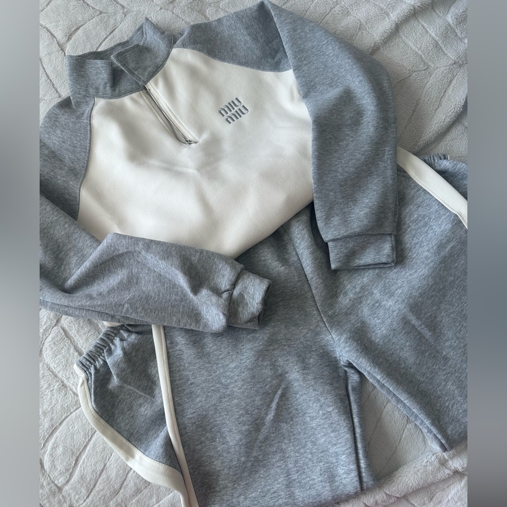 Miu Miu gray& white quarter zip pullover sweater and joggers, medium petite